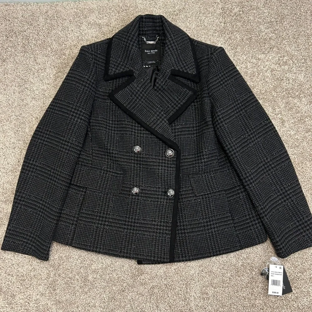 NWT Kate Spade New York Sparkle Houndstooth Wool Blend‎ Peacoat Women Size Large